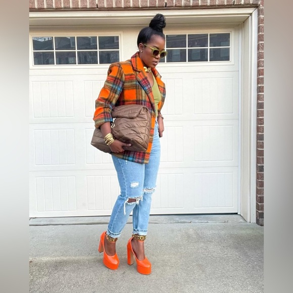 NWT! NASTY GAL Premium Wool Blend Oversized Orange Plaid Stripe Blazer Coat - Picture 5 of 16